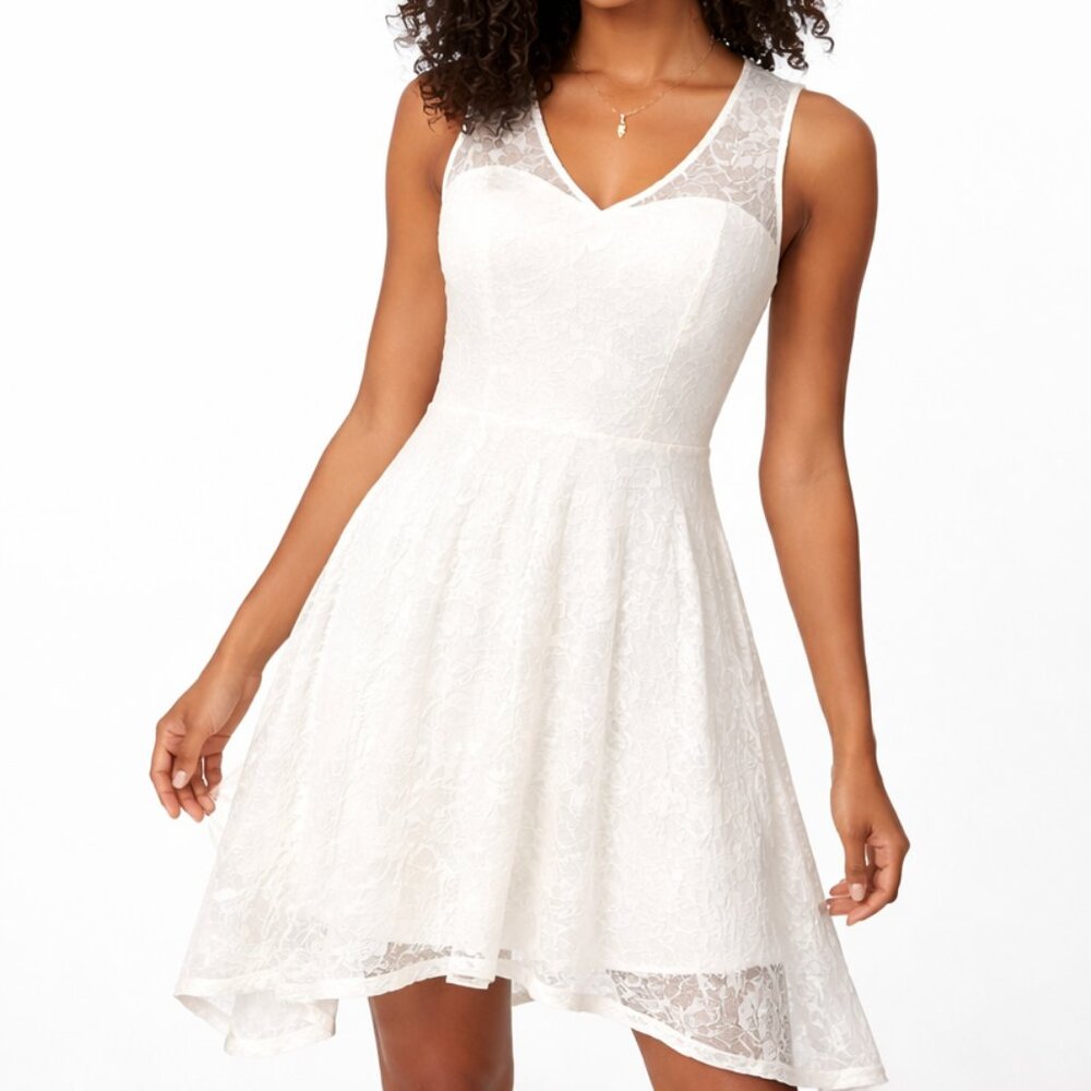 Meetjen White Lace Asymmetrical Fit & Flare Dress | Size Large